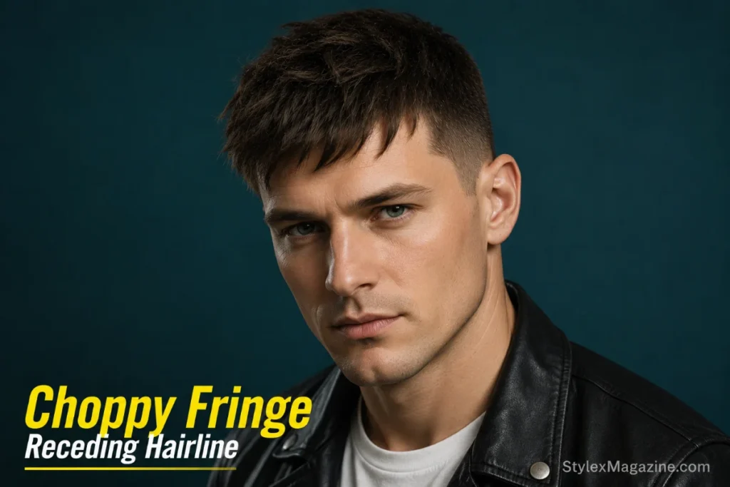 Choppy fringe on receding hairline showing angular piece-y fringe falling forward and slightly to one side