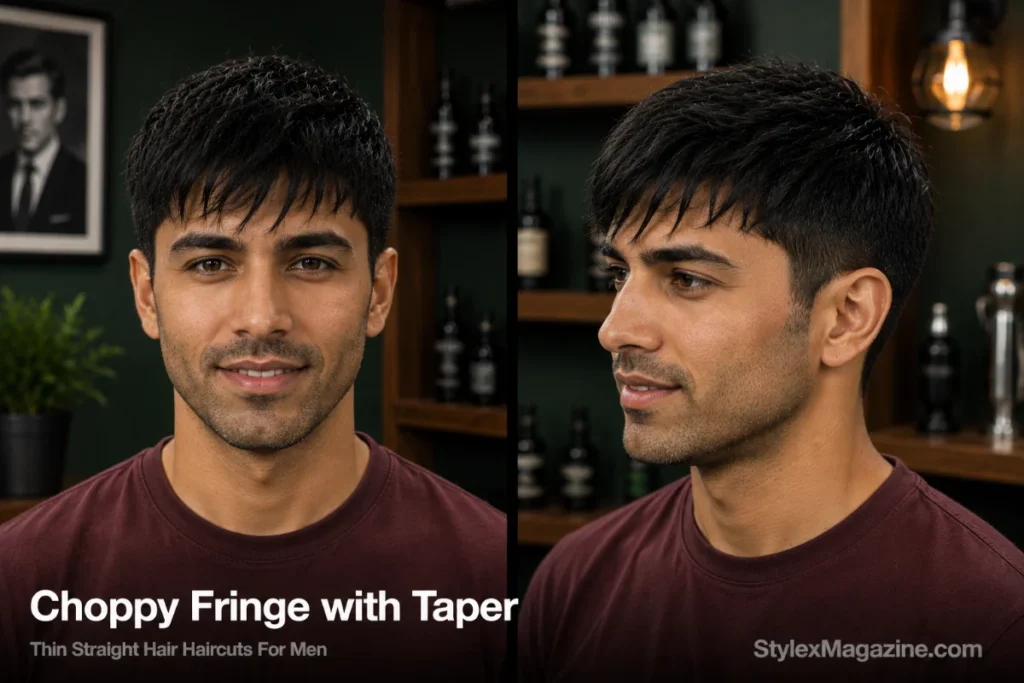 Man with thin straight hair styled with a choppy textured fringe and clean tapered sides.