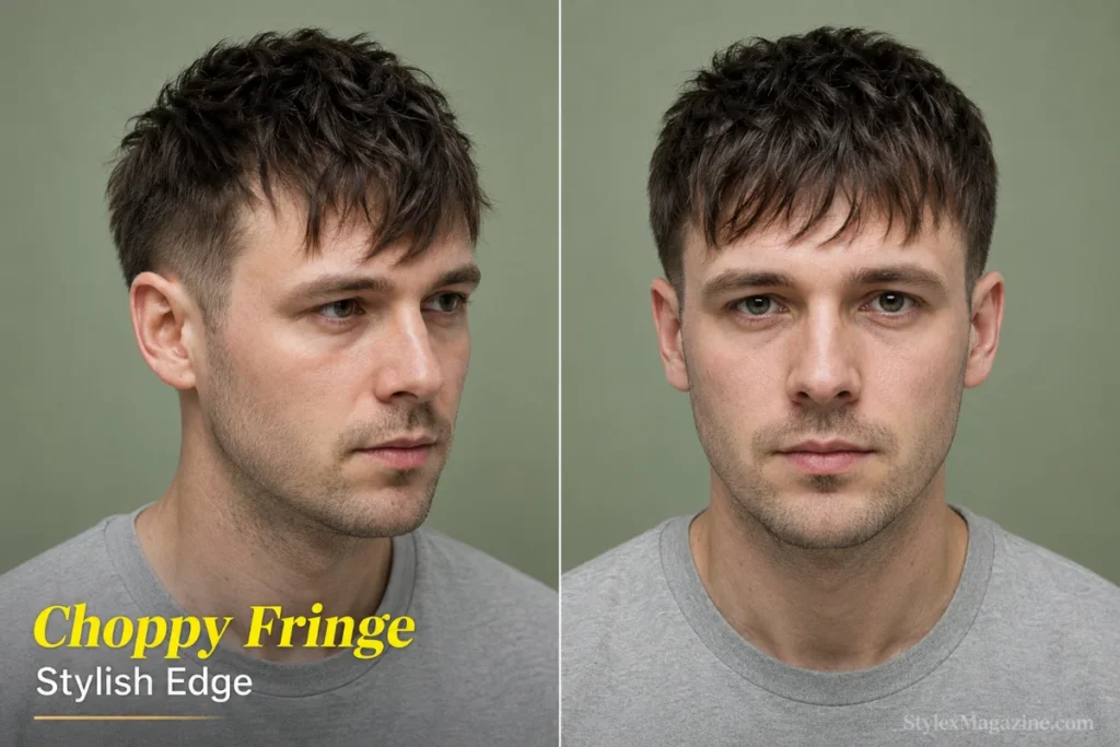 Choppy fringe haircut on a man with thinning hair showing angular piece-y fringe to one side