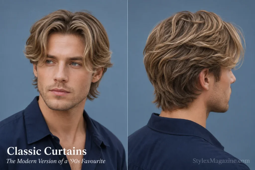 Man with classic curtain bangs reaching the cheekbones and softly layered medium-length hair.
