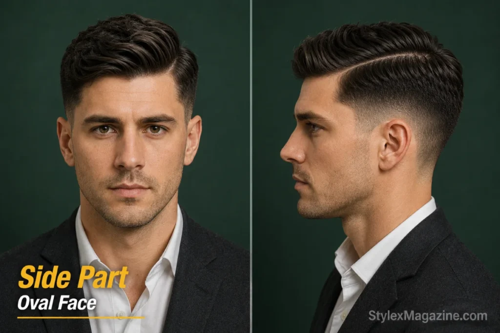 Classic side part on oval face showing off-center part with 3 to 4 inch textured layers and low fade