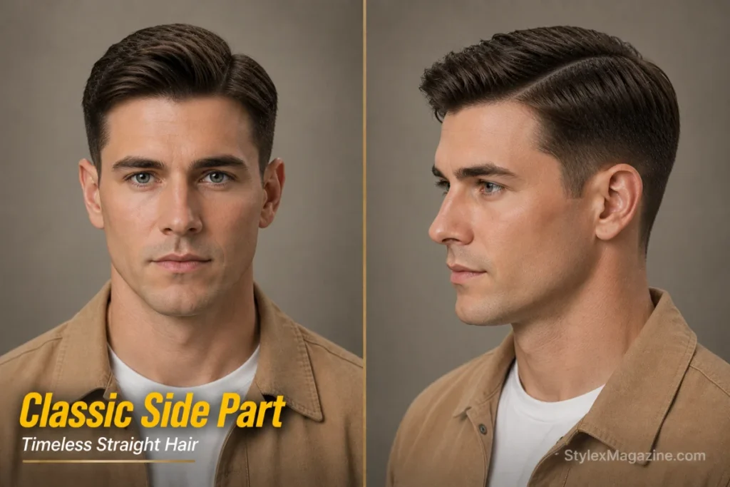 Classic side part hairstyle for men with straight hair featuring tapered sides and a natural side sweep.