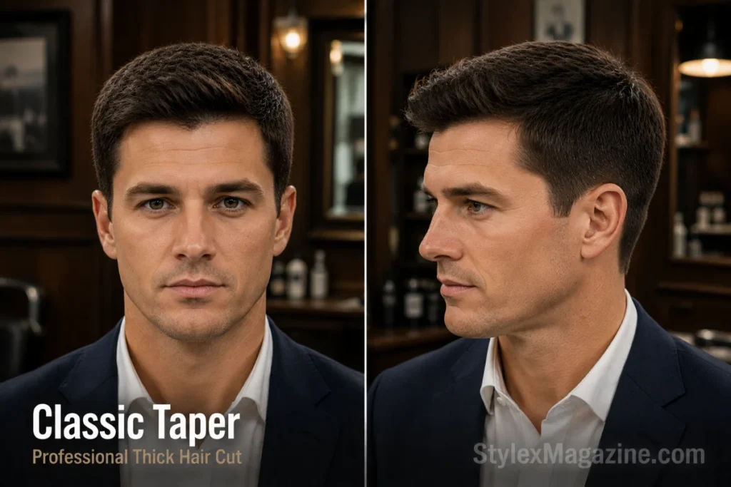 Classic taper haircut for men with thick straight hair and natural sides