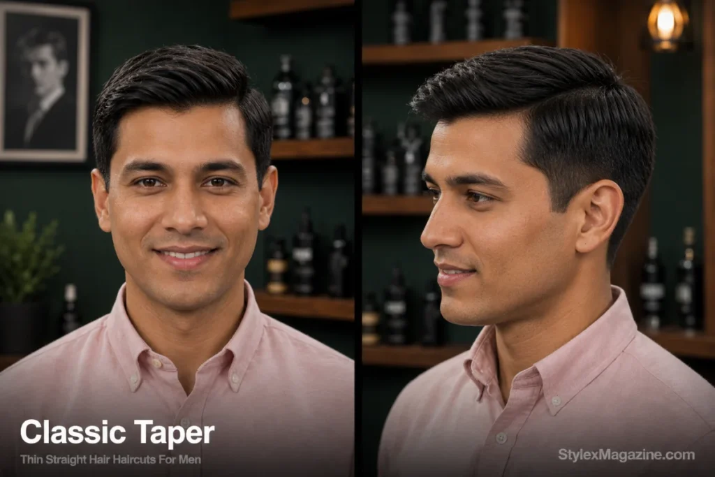 Man with thin straight hair styled in a classic taper with a neatly combed top and gradual taper toward the ears.