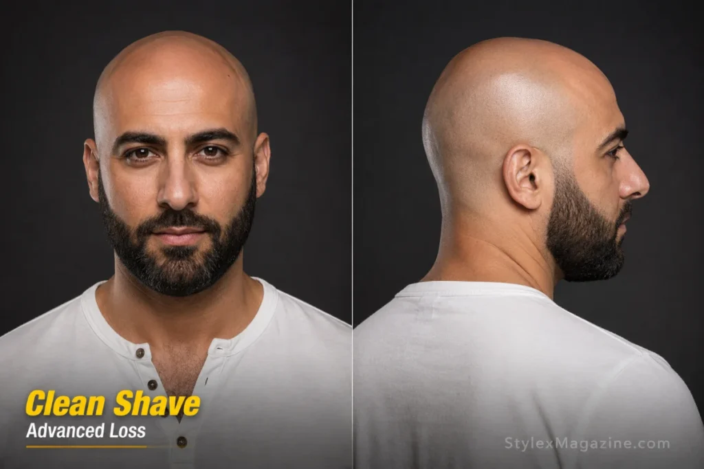 Clean shaved head on a man with advanced balding and a full groomed beard