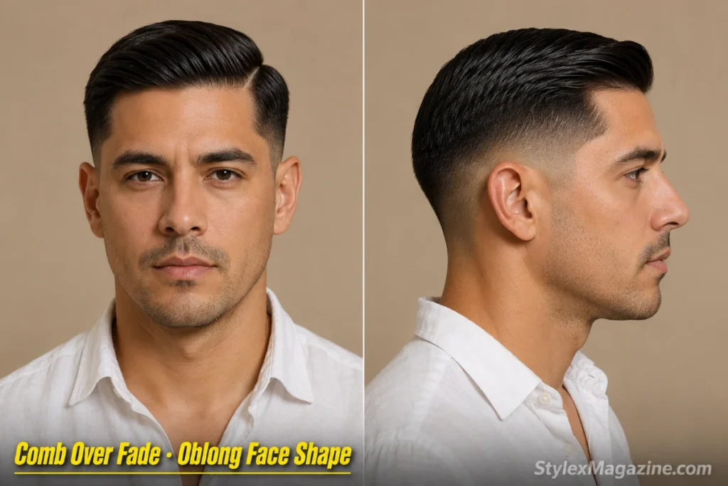 Comb over fade on a man with oblong face shape, low fade, hair combed flat and firm to one side, no crown lift
