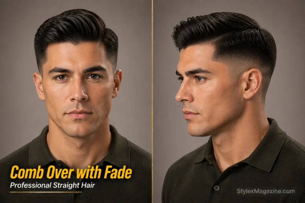 Comb over with fade hairstyle for men with straight hair featuring directional sweep and clean fade.