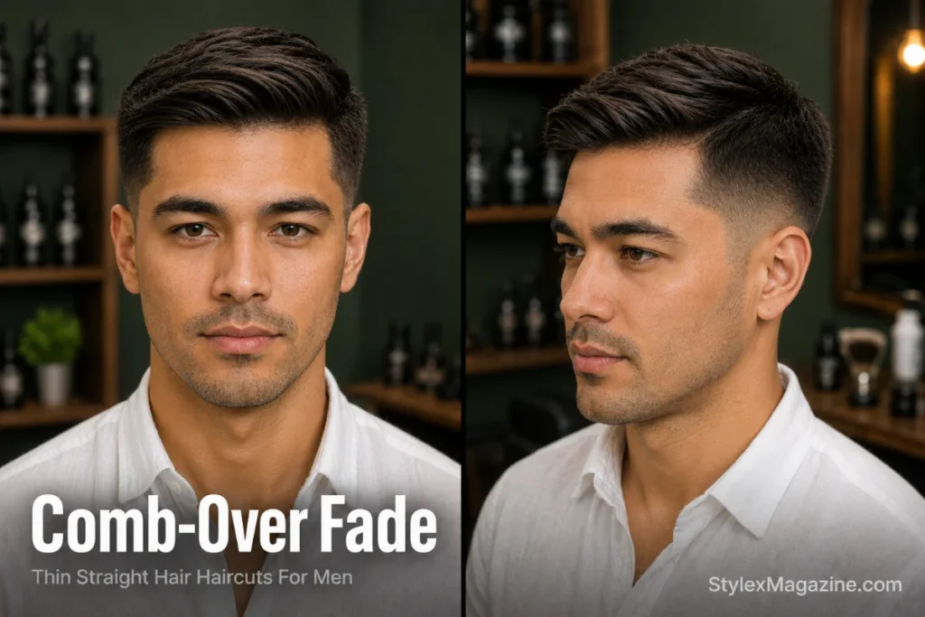 Man with thin straight hair wearing a comb-over fade with a naturally swept top and mid fade in a premium modern barbershop.