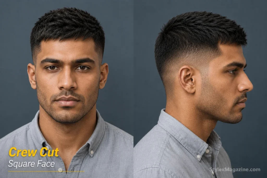 Modern crew cut on square face showing scissor-cut texture on top with low to mid fade