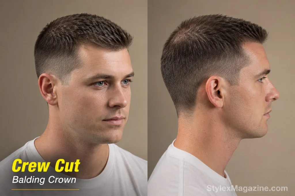 Crew cut on a balding man with crown hair loss showing gradual taper from front to back