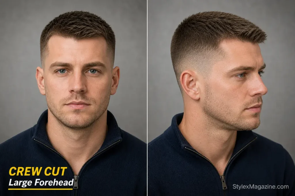 Forward-styled crew cut for men with a large forehead, front and side view