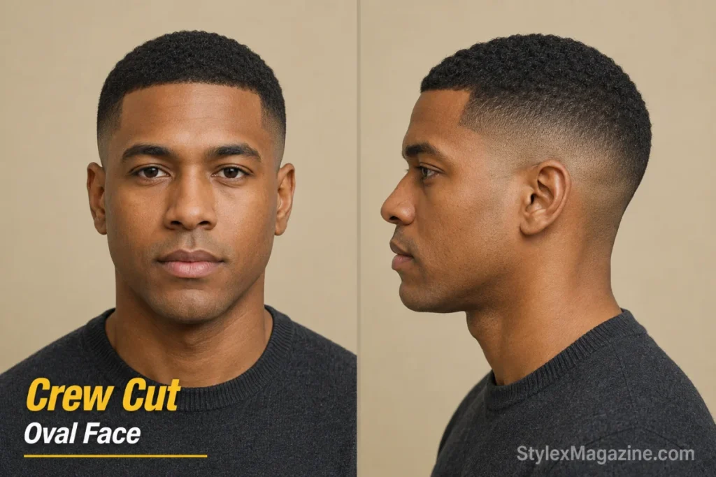 Crew cut on oval face showing 1.5 to 2 inches on top styled slightly forward with low to mid fade