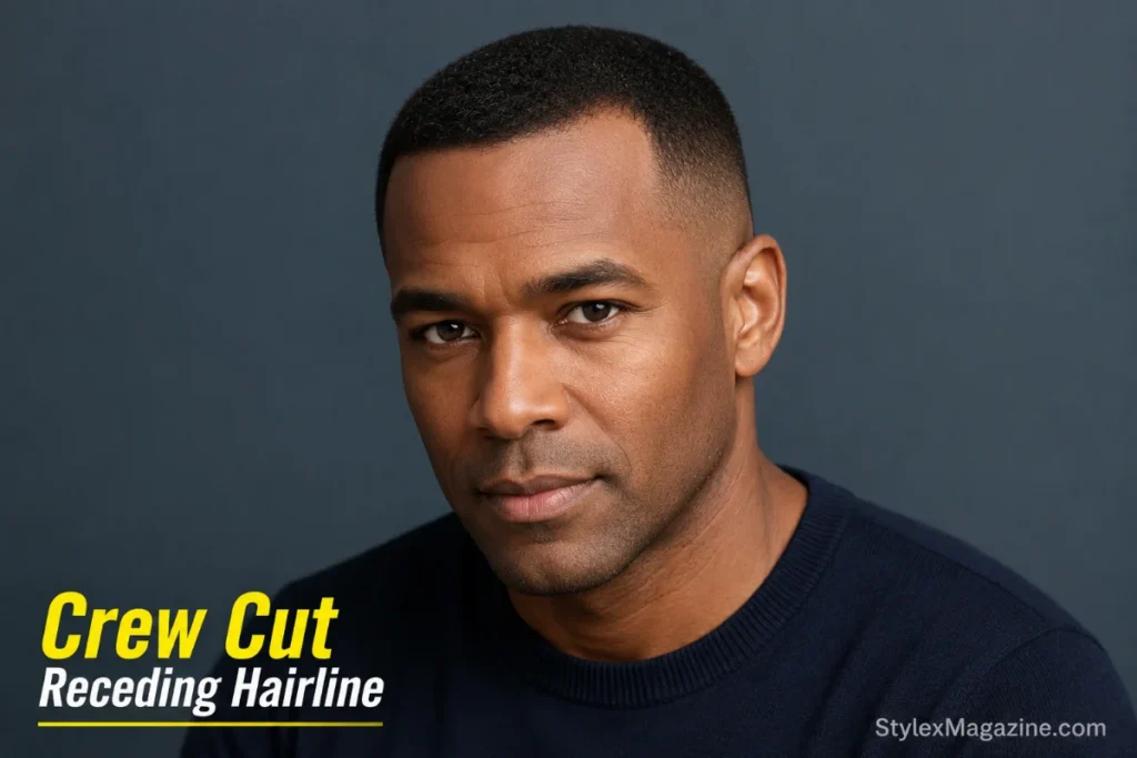 Crew cut on receding hairline showing gradual length from front to crown with longest hair at the recession zone