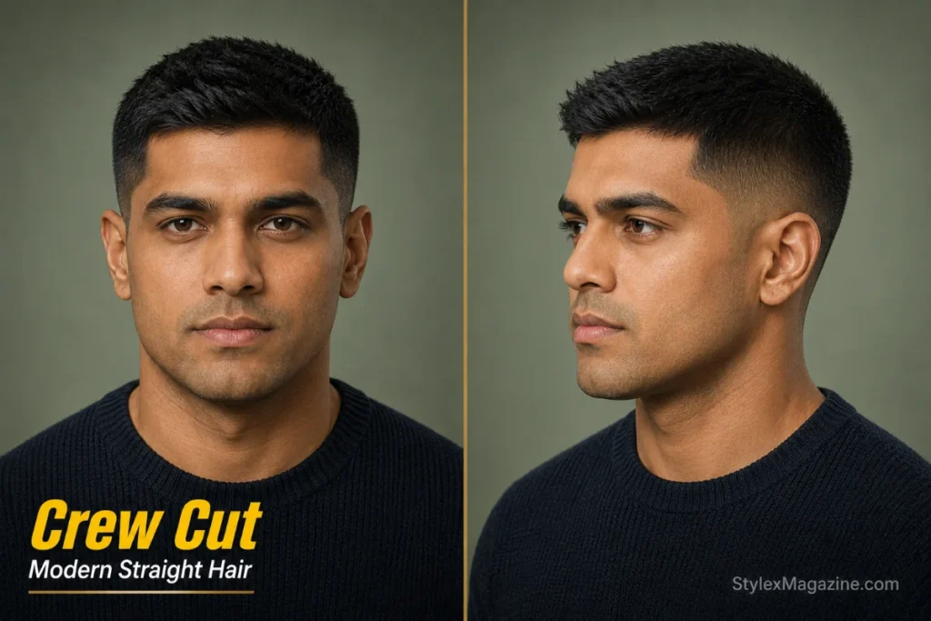 Crew cut hairstyle for straight hair with tapered sides and textured top.