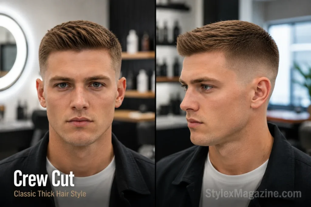 Crew cut hairstyle with faded sides for men with thick straight hair