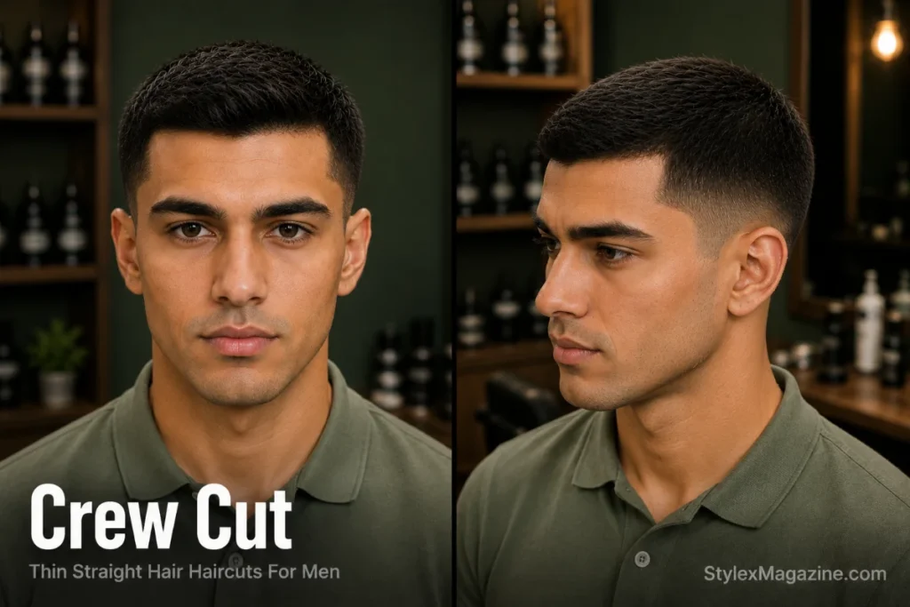 Man with thin straight hair wearing a classic crew cut with a graduated top and tapered sides in a premium modern barbershop.