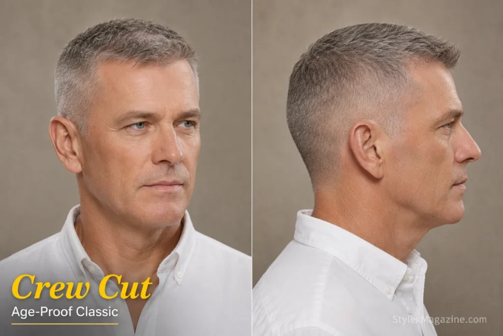 Crew cut on a man with thinning hair showing gradual length from front to crown