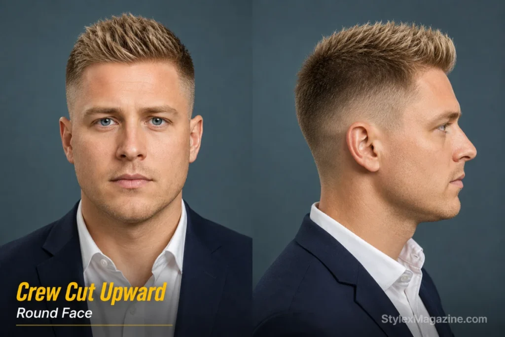 Crew cut styled upward on round face showing blow-dried top with mid fade