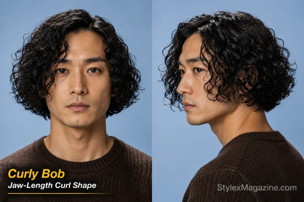 Man with a chin-length curly bob, jaw-framing curls and slight graduation through the back