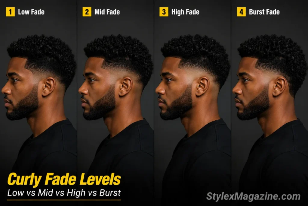 Four-panel side comparison of curly hairstyles showing low fade, mid fade, high fade and burst fade.