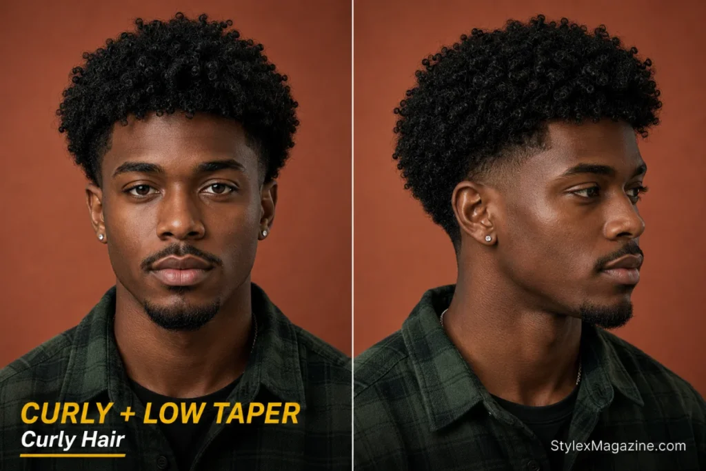  Curly hair with low taper for men with a large forehead, front and side view