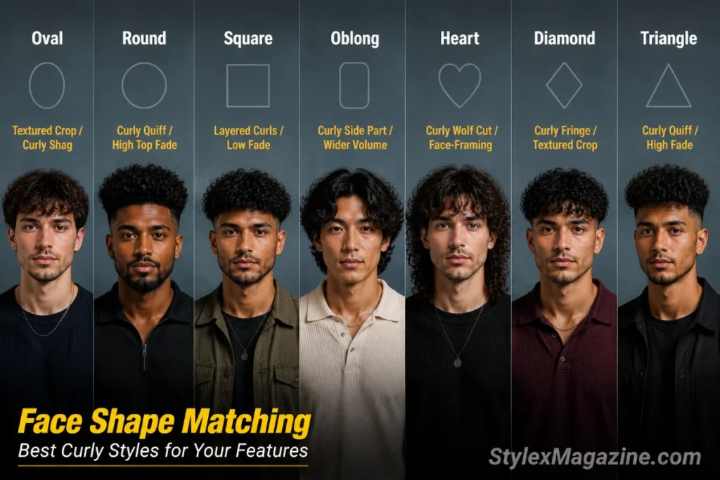 seven-panel visual guide matching curly hairstyles for men to oval, round, square, oblong and heart or diamond face shapes.