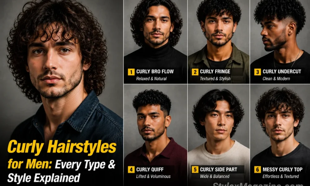 7-panel featured image showing short, medium and 5 others long curly hairstyles for men across different curl textures.