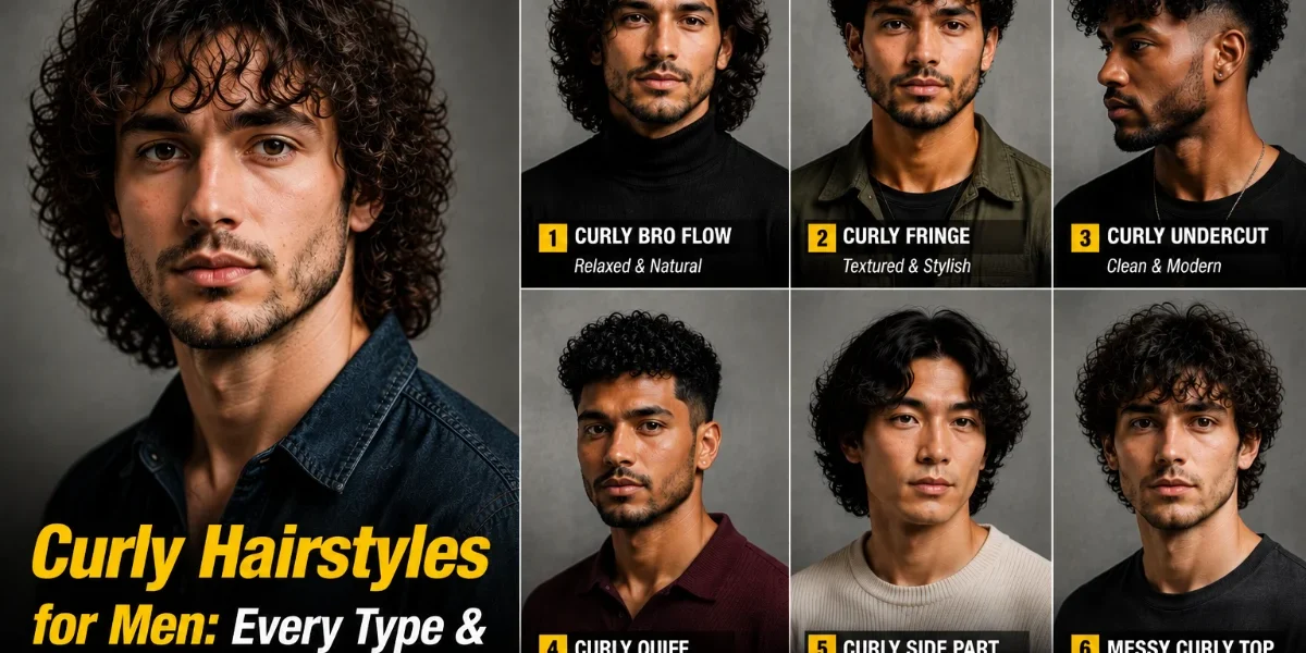 Curly Hairstyles for Men: Every Type & Style Explained 7-panel featured image showing short, medium and 5 others long curly hairstyles for men across different curl textures.