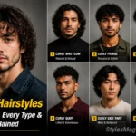 7-panel featured image showing short, medium and 5 others long curly hairstyles for men across different curl textures.