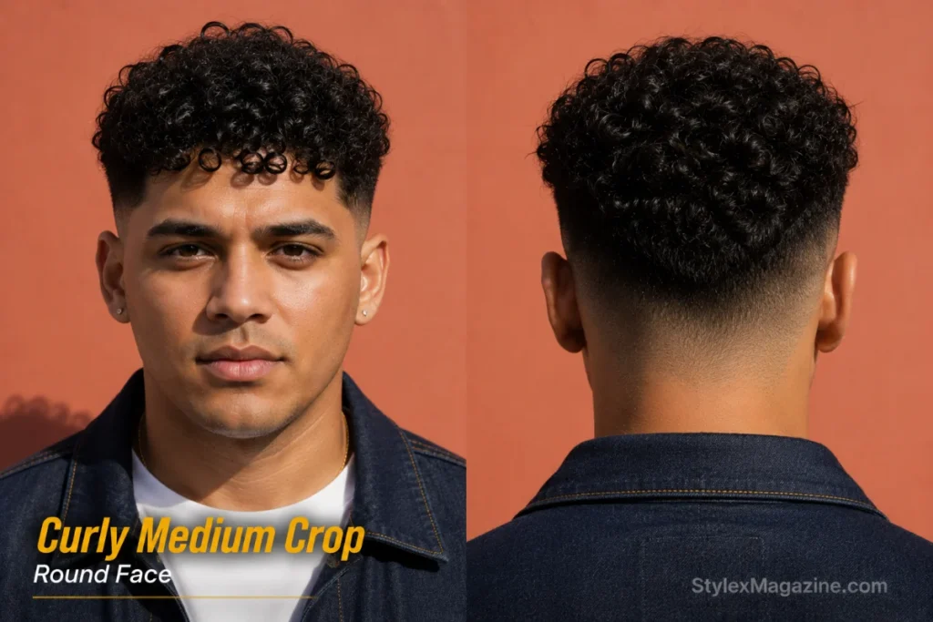 Curly medium crop with high fade on round face showing natural curl volume against tight sides