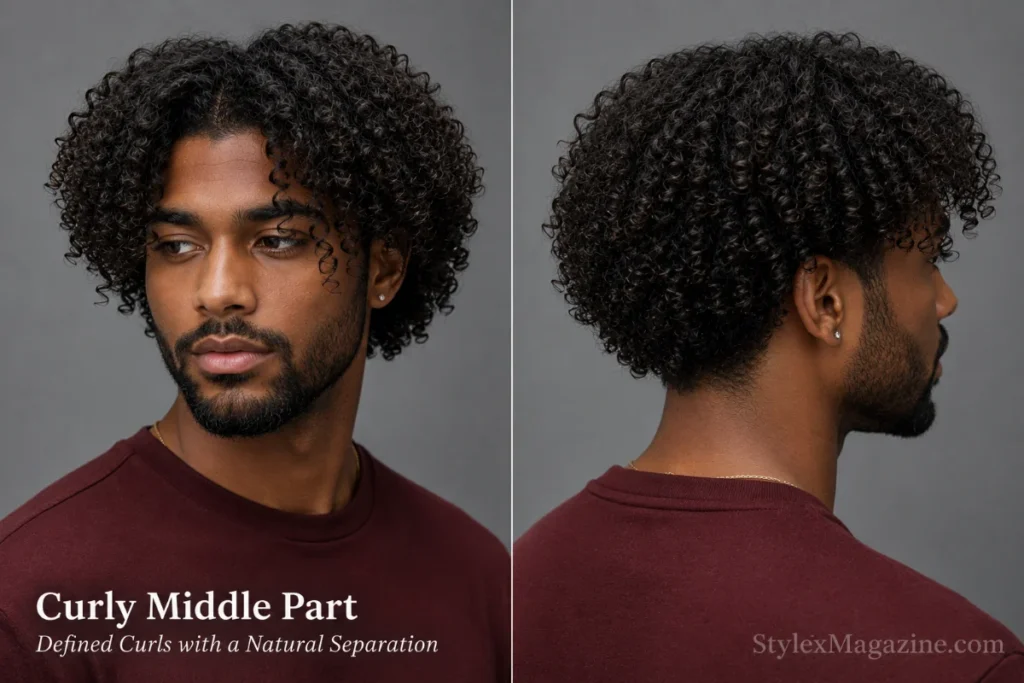 Black man with defined medium-length curls falling evenly from a soft natural centre separation.