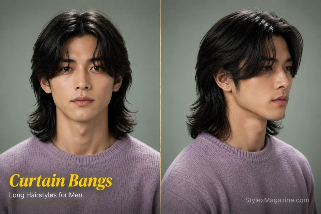 Curtain bangs hairstyle for men featuring a centre-parted fringe with medium-long hair framing the face.