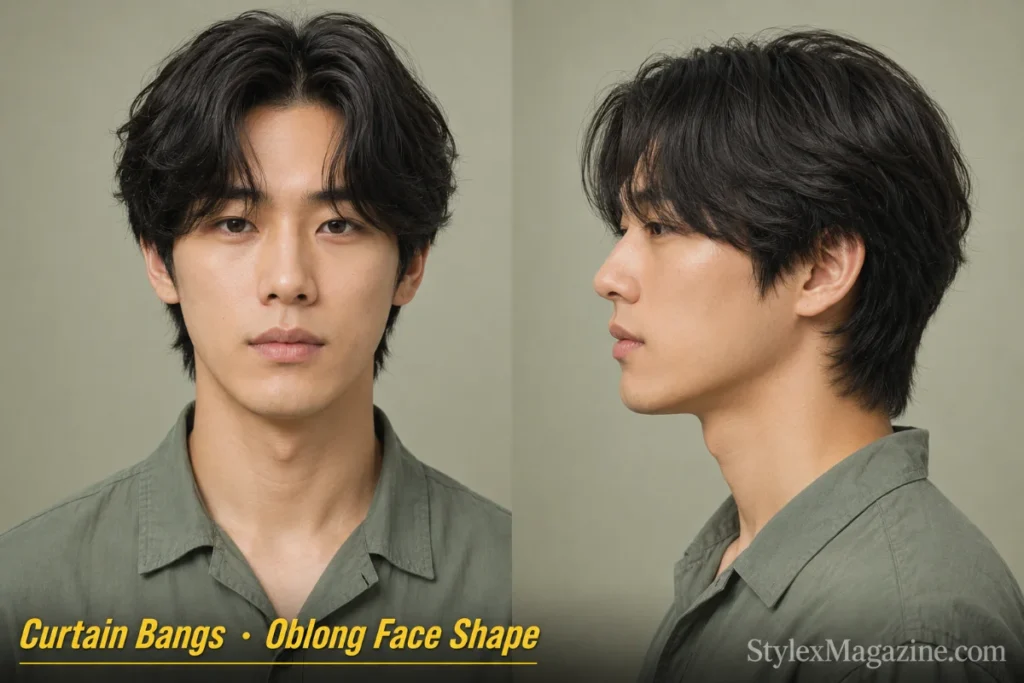 Curtain bangs on a man with oblong face shape, centre-parted fringe falling to eyebrow level on both sides