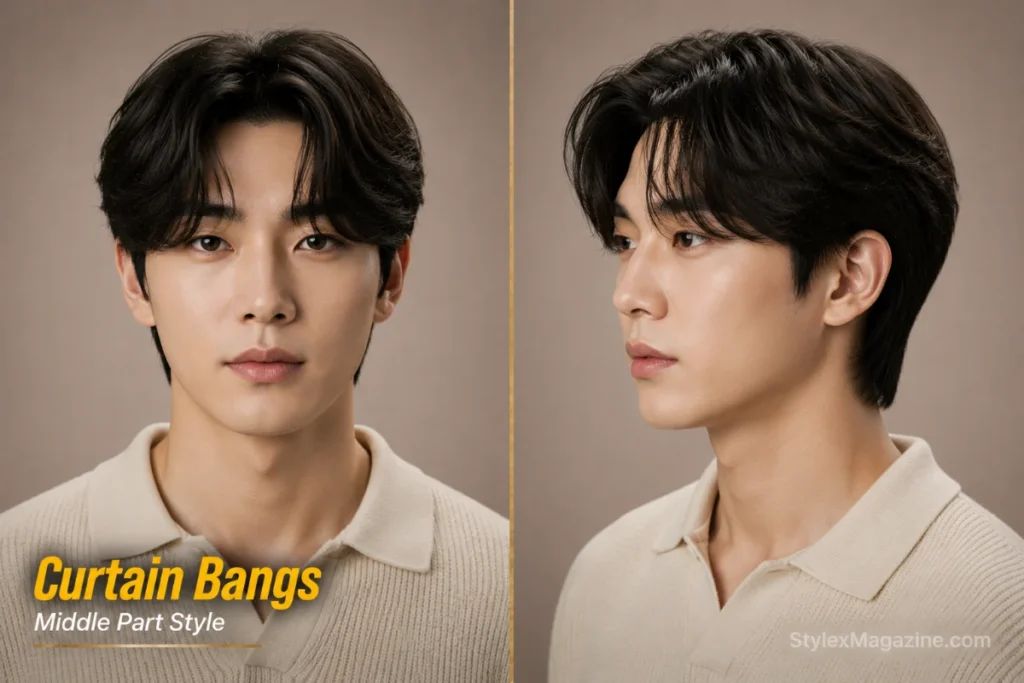Curtain bangs hairstyle for men with straight hair featuring a middle part and soft flowing layers.