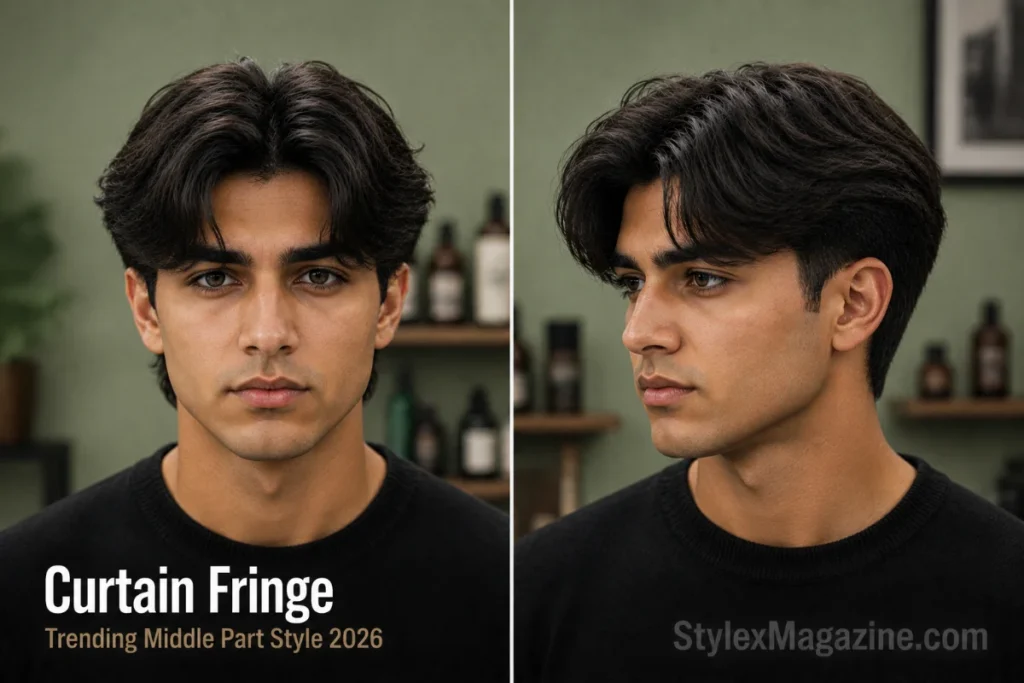 Curtain fringe middle part haircut for men with thick straight hair