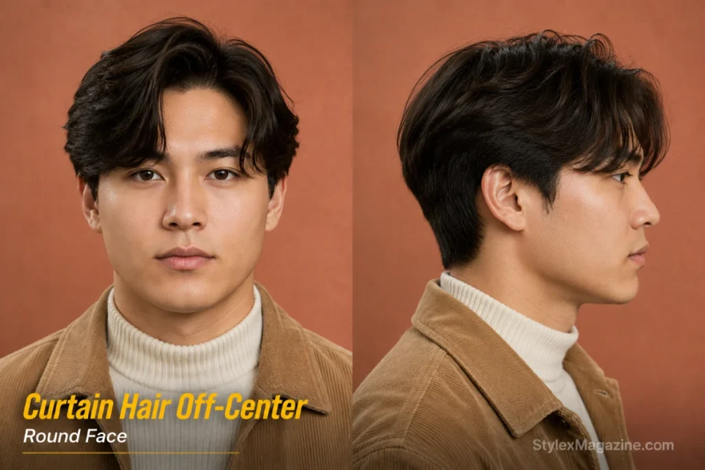 Curtain hair with off-center part on round face showing natural fall to both sides