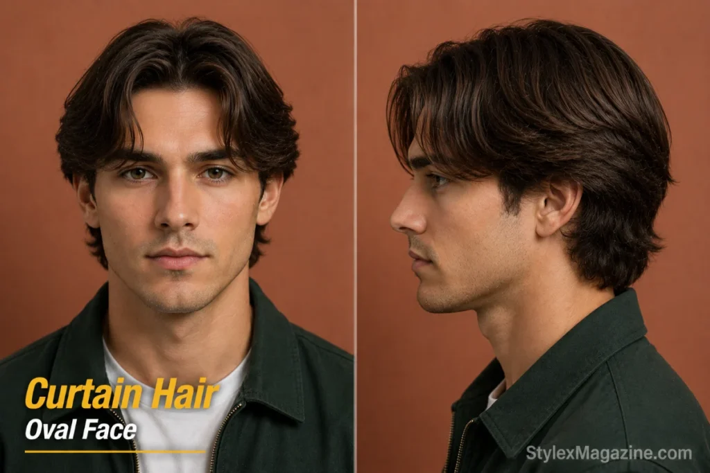 Curtain hair on oval face showing center part falling forward to both sides framing forehead symmetrically