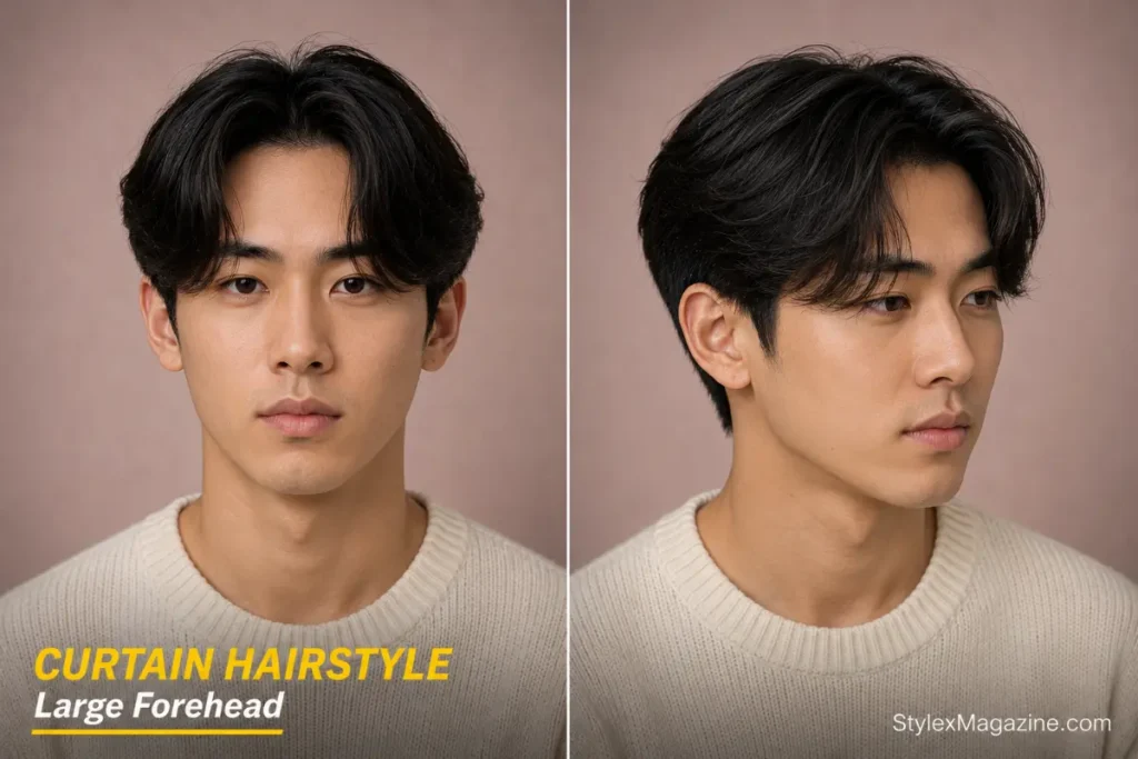 Curtain hairstyle for men with a large forehead, front and side view