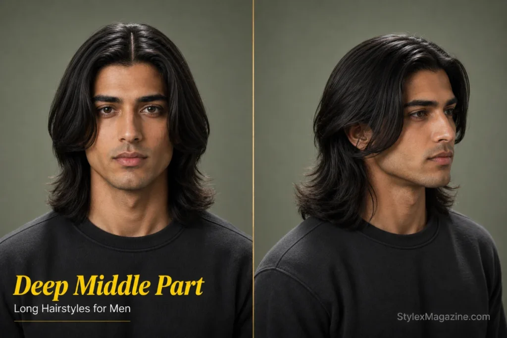 Long hairstyle for men with a deep middle part, shoulder-length straight hair, and balanced face-framing layers.