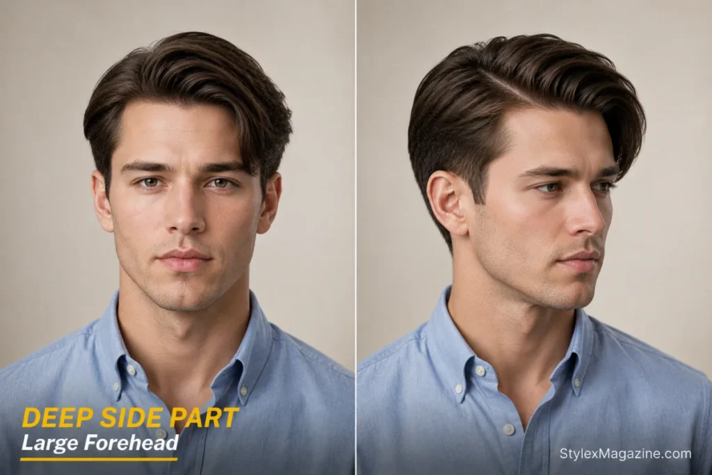 Deep side part haircut for men with a large forehead, front and side view