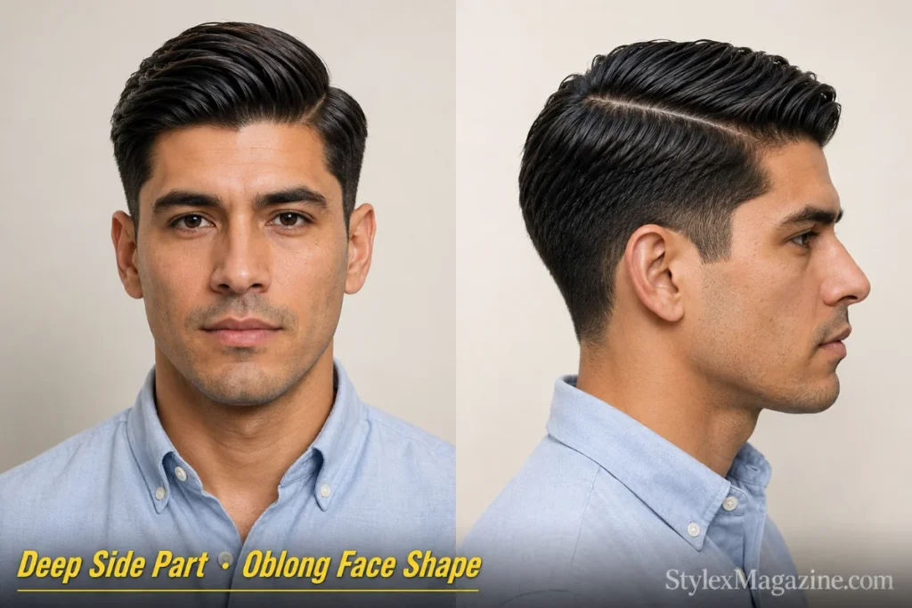 Deep side part on a man with oblong face shape, tapered sides, medium hold pomade, professional finish