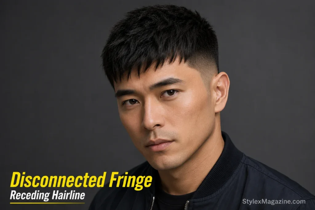 Modern crop with disconnected fringe on receding hairline showing longer fringe sitting separate from the cropped top