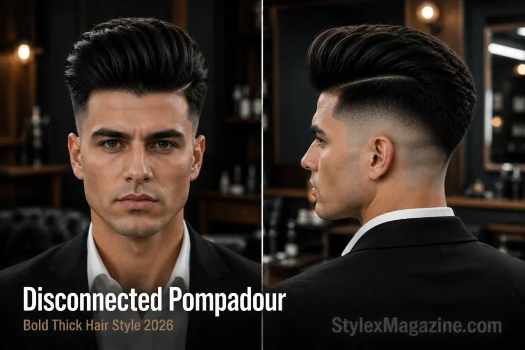 Disconnected pompadour haircut with high volume top for thick straight hair