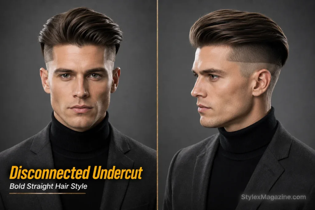 Disconnected undercut hairstyle for men with straight hair featuring long top and shaved sides.