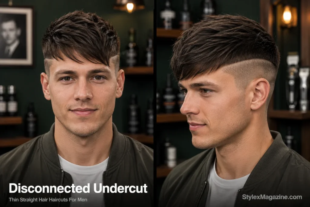 Man with thin straight hair styled as a disconnected undercut with a hard disconnect line and longer swept top.