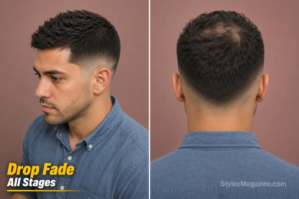 Drop fade on a balding man showing the curved fade line dropping behind the ear