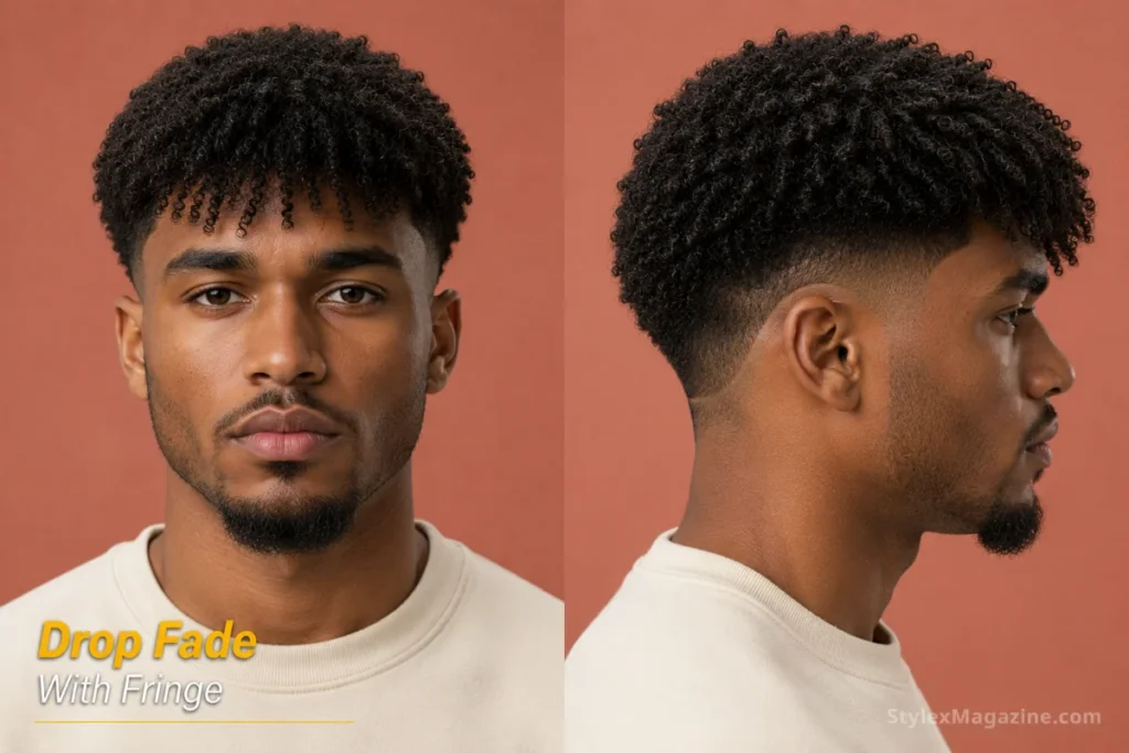 Drop fade with fringe on square face showing curved fade behind ear with soft forward fringe
