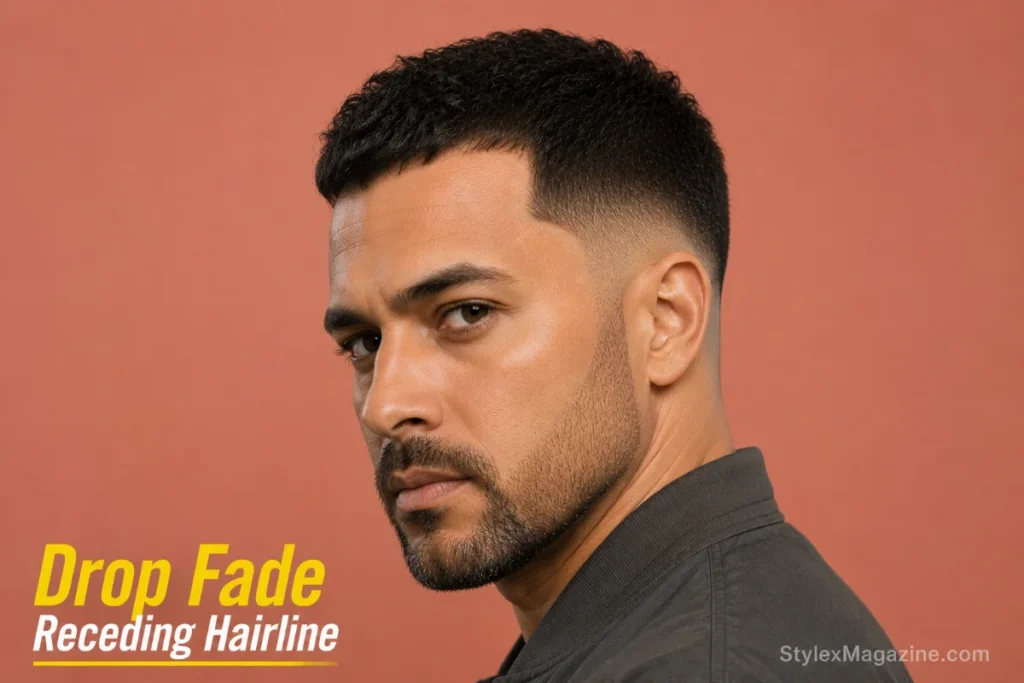 Drop fade on receding hairline showing curved fade line dropping behind the ear complementing the natural recession curve