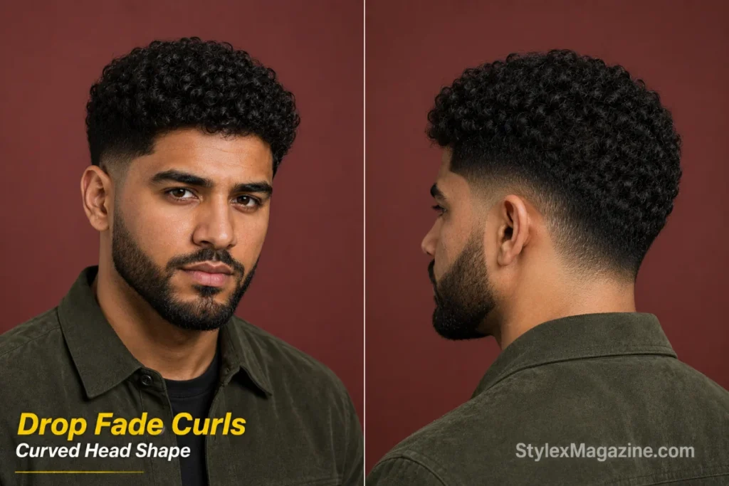 Man with short curls and a drop fade curving downward behind the ear along the head shape