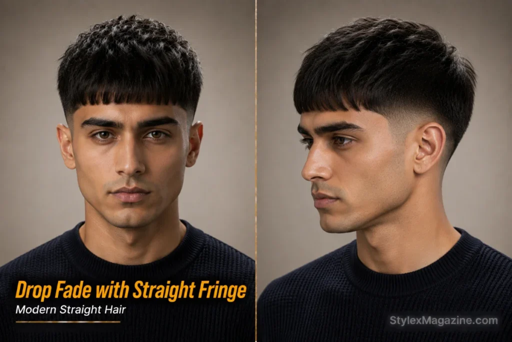 Drop fade hairstyle with straight fringe for men with straight hair.